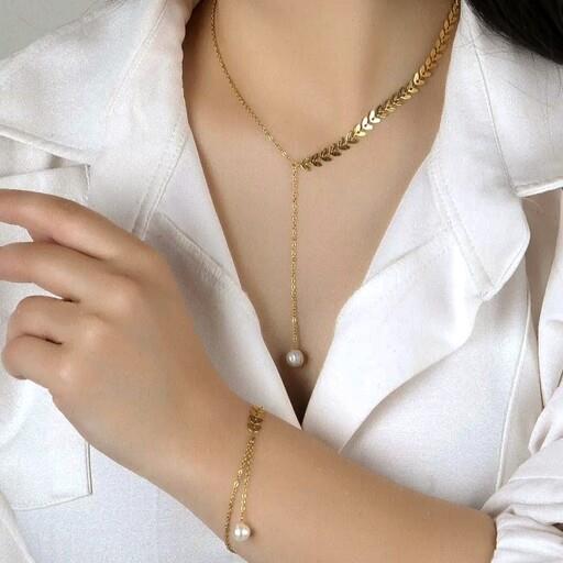 ست گندومی تمام استیل زنانه با آویز مروارید،،رنگ ثابت تضمینی،مناسب استفاده روزانه و هدیه،بدلیجات استیل